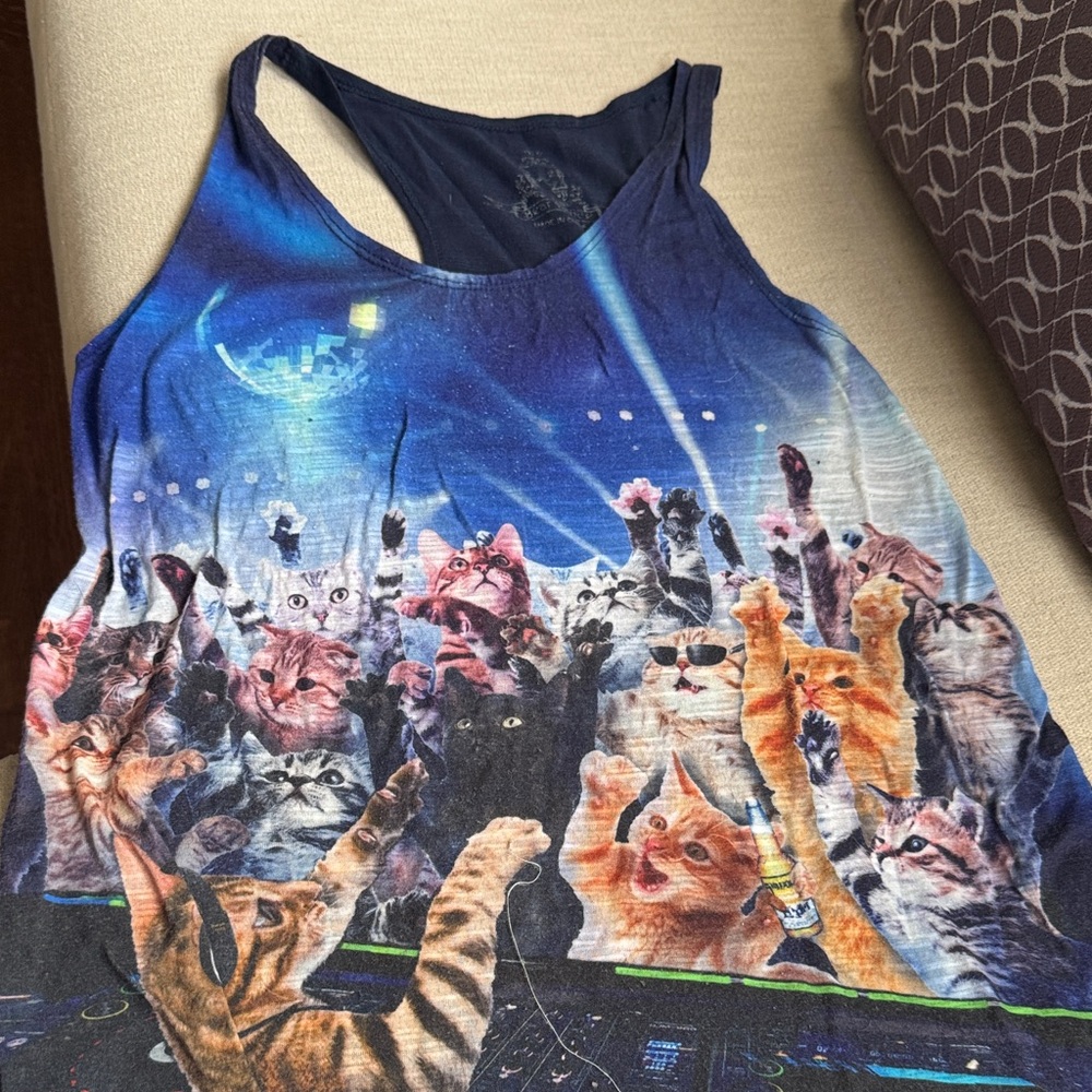 Cat-Themed Blue Tank Top